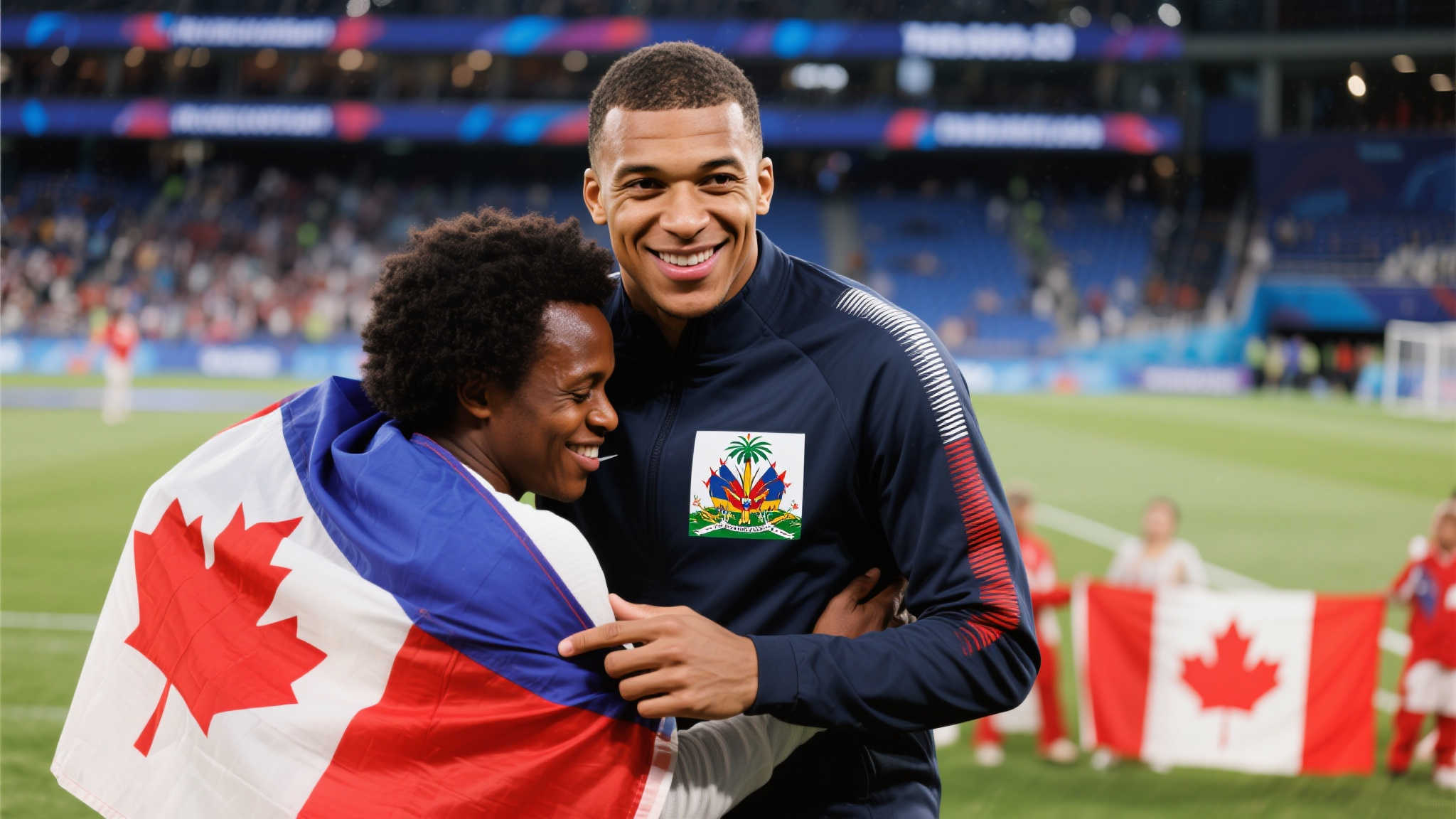多特披加拿大与海地国旗 满面喜悦走过球员通道 当我们从媒体捕捉到这幅温馨画面时,很自然会追溯这位